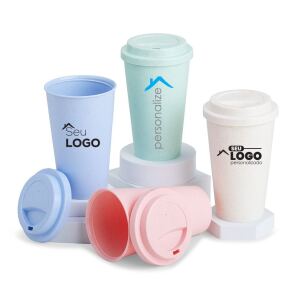 Copo fibra de bambu 450ml personalizado com tampa para brindes sustentáveis