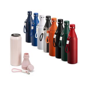 Garrafa térmica inox personalizada com alça em nylon para transporte