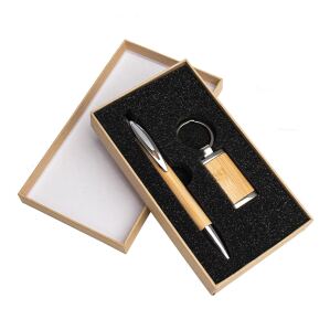 Kit ecológico com caneta e chaveiro em bambu com estojo